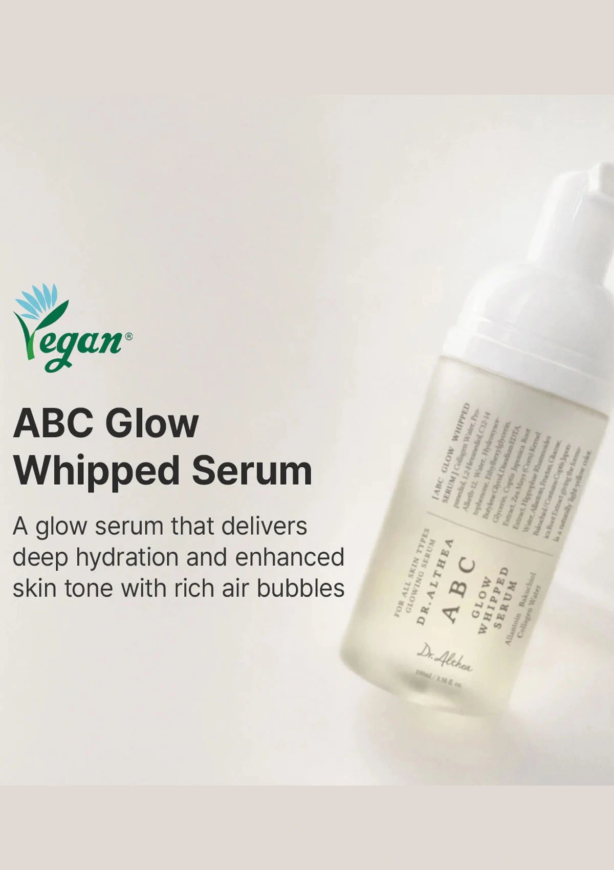 ABC Glow Whipped Serum bottle with product description on a light background